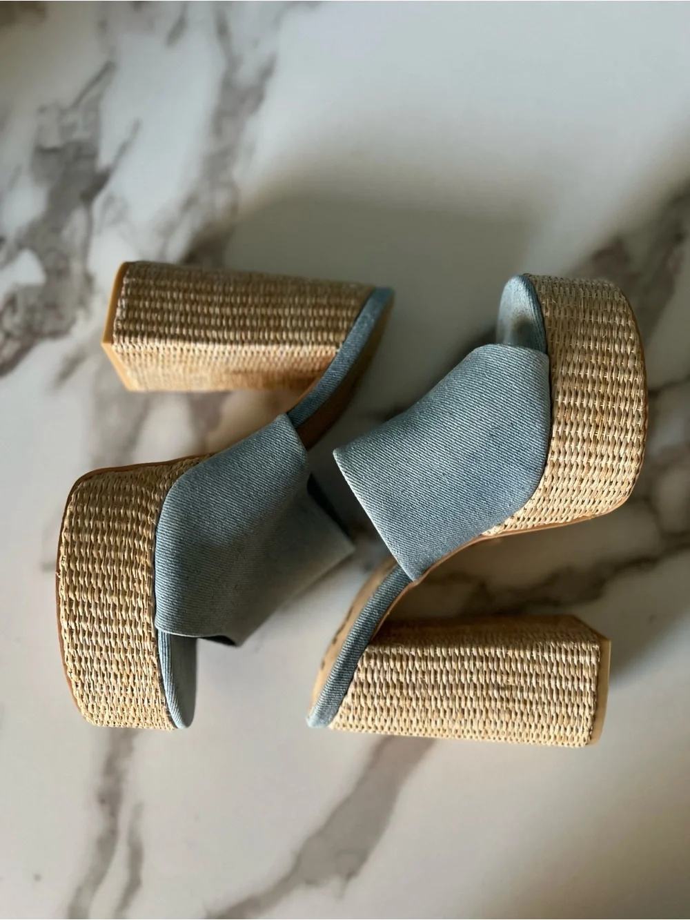Light Blue Denim Woven Platform Mule Heels - Women's Chunky Slide block Sandals